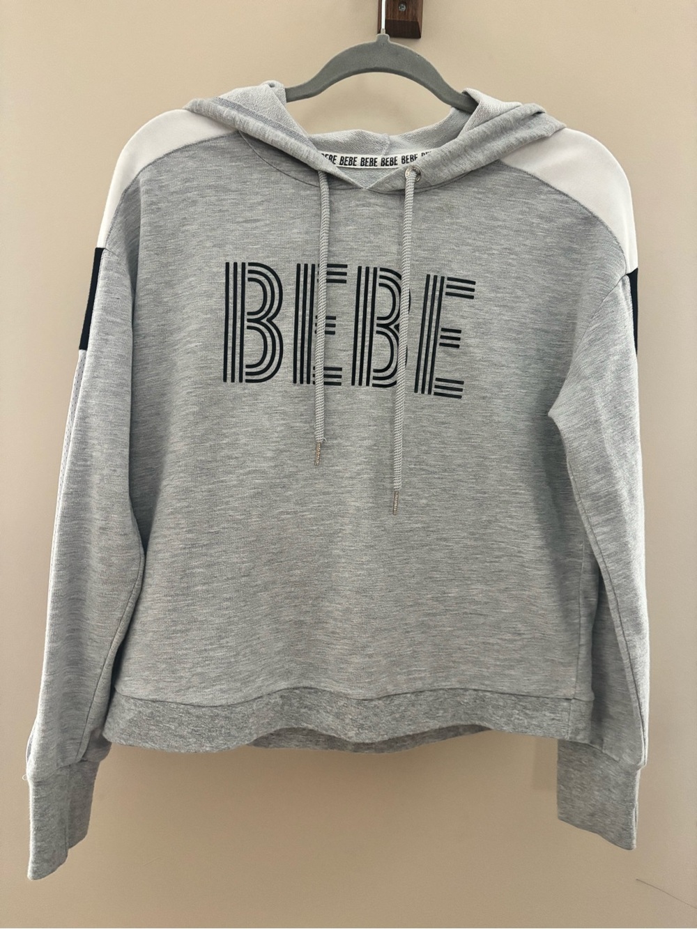bebe Light Gray Hooded Sweatshirt with White Shoulder Panels